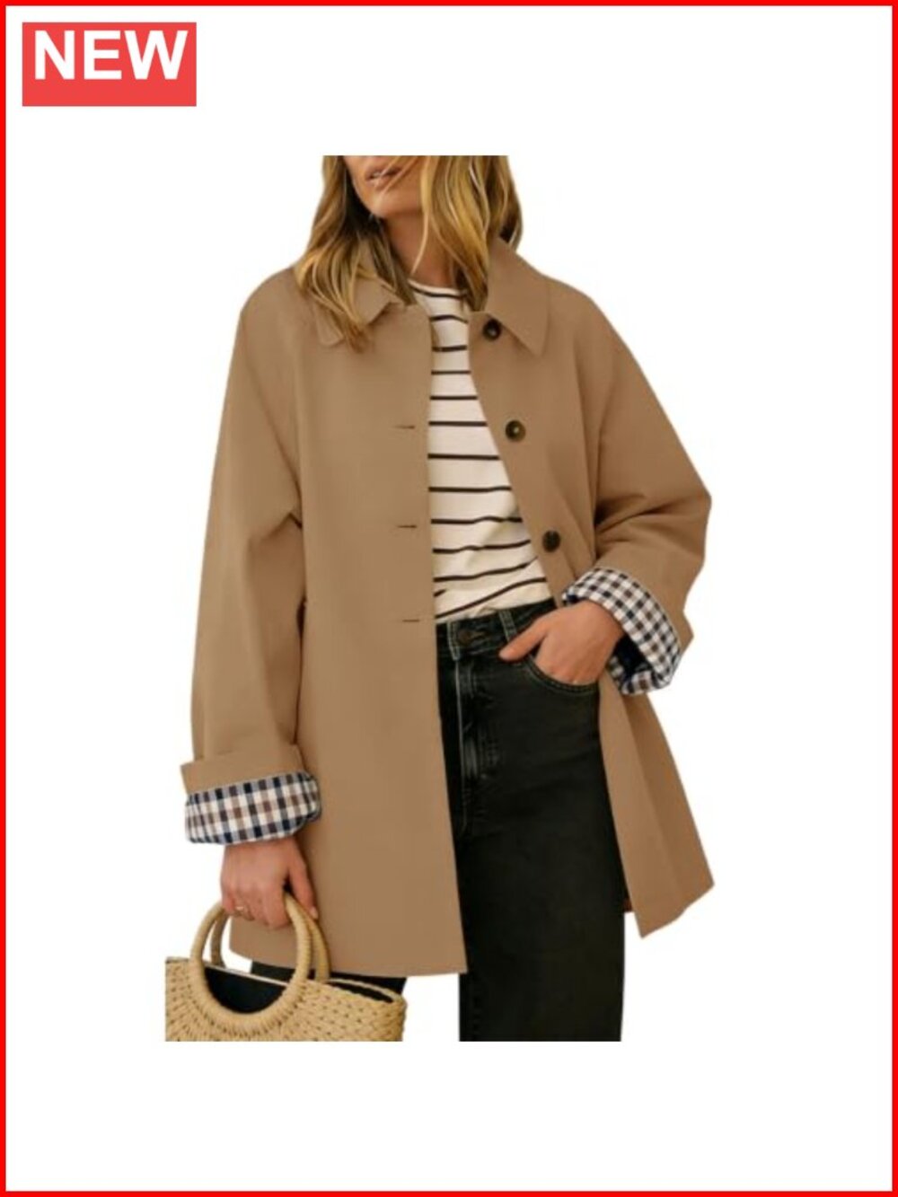 Womens Trench Coat Plaid Lined Button Up Lapel Loose Fit Windproof Jacket